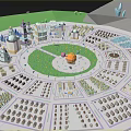 Cartoon City Scene Featuring Circular Layout Central Orange Structure Green Area And Colorful Buildings