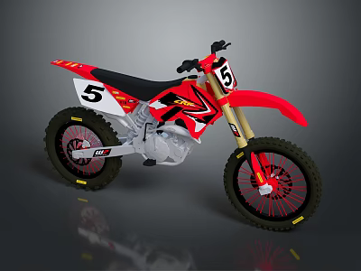 Racing Red Off Road Motorcycle With 5 15 Number Graphics Black Seat And Tires 3d model