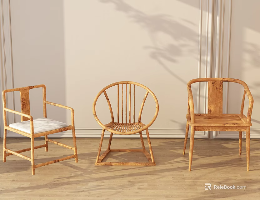 Three Wooden Leisure Chairs with Distinct Backrest Designs in Bright Room with Natural Light 3d model 