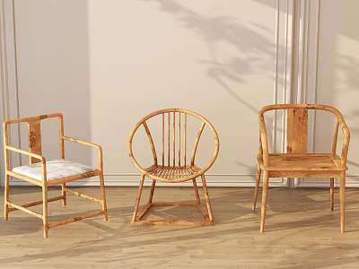Three Wooden Leisure Chairs with Distinct Backrest Designs in Bright Room with Natural Light 3d model