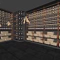 Elegant Wine Cellar with Wooden Racks Neatly Arranged Wine Bottles and Stone Floor