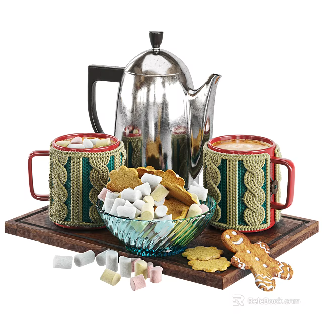 Electric Kettle As Daily Use Appliance With Knitted Mugs Marshmallows Cookies On Wooden Tray 3d model 