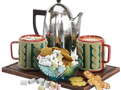 Electric Kettle As Daily Use Appliance With Knitted Mugs Marshmallows Cookies On Wooden Tray 3d model