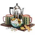 Electric Kettle As Daily Use Appliance With Knitted Mugs Marshmallows Cookies On Wooden Tray
