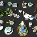 Lush Green Plants In Decorative Garden Setup With Stone Basins Bamboo And Small Fountains