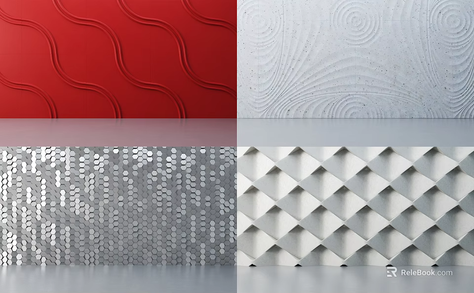 Decorative Wall Design With Wavy Swirl Dotted And Diamond Patterned Textures In Red White Silver 3d model 