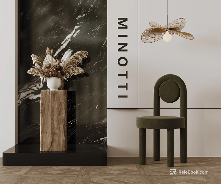 MINOTTI Dark Green Upholstered Leisure Chair With Marble Wall Dried Flowers And Wooden Floor 3d model 