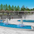 Scenic Circular Plaza Landscape Featuring Central Fountain Greenery And Waterfront Walkways