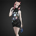 A Woman With Pink Hair And Cat Ears In Black Dress Featuring Colorful Patterns