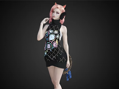 A Woman With Pink Hair And Cat Ears In Black Dress Featuring Colorful Patterns 3d model