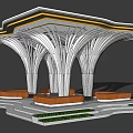 Modern Pergola Design With Curved Metal Structure Wooden Base And Greenery