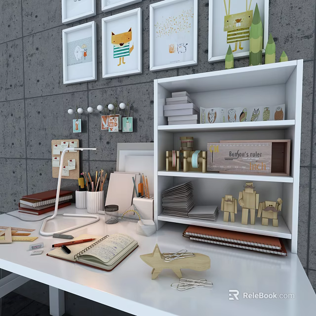 Organized Home Desk Setup With Open Notebook Desk Lamp Pencils Books And Framed Artworks 3d model 