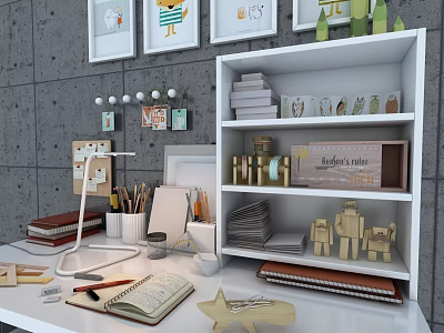 Organized Home Desk Setup With Open Notebook Desk Lamp Pencils Books And Framed Artworks 3d model