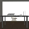 Modern Dining Table Set With Black Table White Chair Laptop Book Glass And Lamp