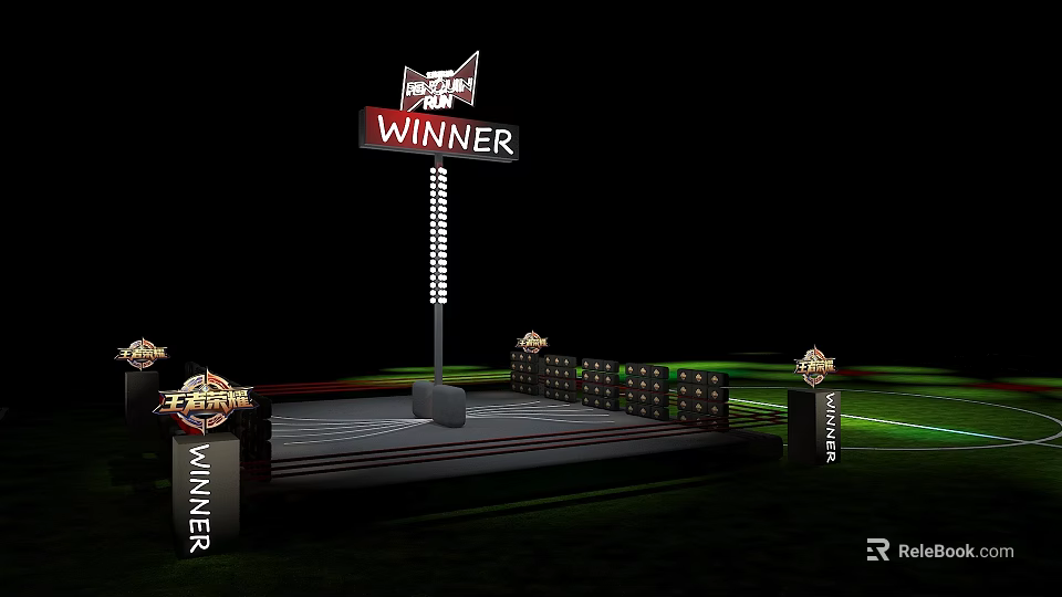 Winner Themed Photo Spot With Stage Trophy Decorations And Green Lights 3d model 