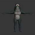 Green Monster Creature With Open Mouth Sharp Teeth Standing Arms Outstretched