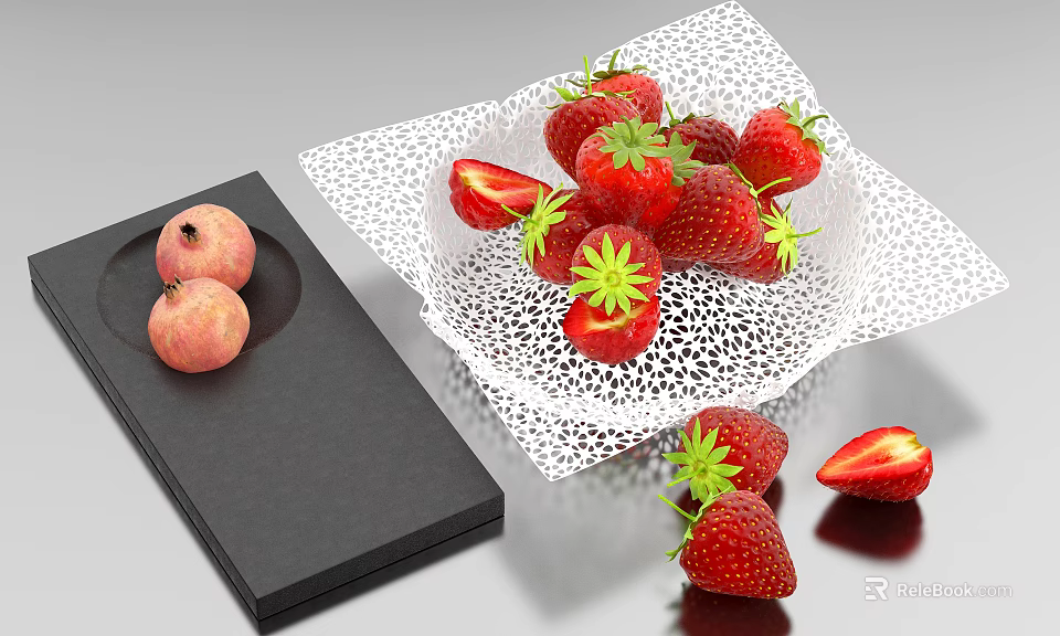 Fresh Ripe Strawberries In White Lace Basket And Peaches On Black Tray 3d model 