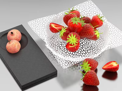 Fresh Ripe Strawberries In White Lace Basket And Peaches On Black Tray 3d model