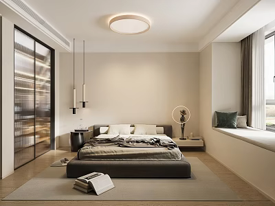 Modern Bedroom Interior Design With Bed Nightstand Pendant Lighting Window And Area Rug 3d model