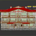 Cartoon Style Three Story Building With Red Roof Wooden Balconies Stone Walls And Solar Panels