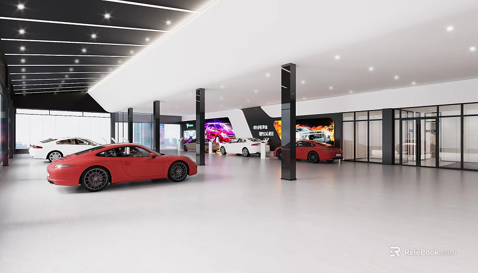 Modern Car Showroom Interior With Red Sports Car And Displayed Luxury Vehicles 3d model 
