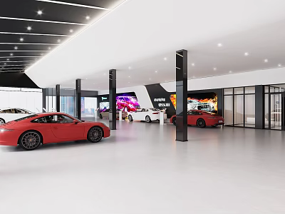 Modern Car Showroom Interior With Red Sports Car And Displayed Luxury Vehicles 3d model