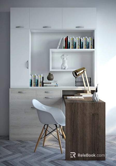Modern Home Office Desk With White Chair Gold Lamp Books And Sculpture On Shelf 3d model 