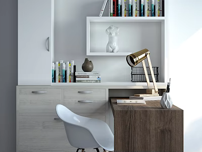 Modern Home Office Desk With White Chair Gold Lamp Books And Sculpture On Shelf 3d model