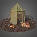 Green Camping Tent with Wooden Poles on Rocky Dirt Ground and Fruit Filled Crates