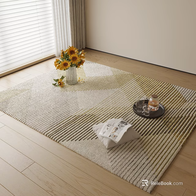 Square Area Rug with Sunflowers in Vase Tray and Magazine on Wooden Floor 3d model 