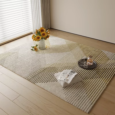 Square Area Rug with Sunflowers in Vase Tray and Magazine on Wooden Floor 3d model