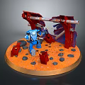 Blue Robot Warrior With Weapon On Orange Ground Near Red Broken Structures And Black Stones
