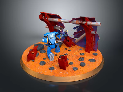 Blue Robot Warrior With Weapon On Orange Ground Near Red Broken Structures And Black Stones 3d model