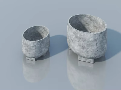 Two Gray Round Containers With Rough Texture And Pedestal Base On Smooth Background 3d model