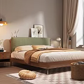 Double Bed With Green Padded Headboard Beige Brown Bedding Bedside Tables And Wall Art