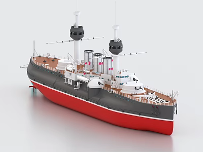 Detailed Warship Model Featuring Red Black Hull Turrets Masts and Deck Details 3d model