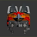 Amusement Park Ride With Four Black Seats Orange Red Wing Decorations And Mechanical Wheel Base
