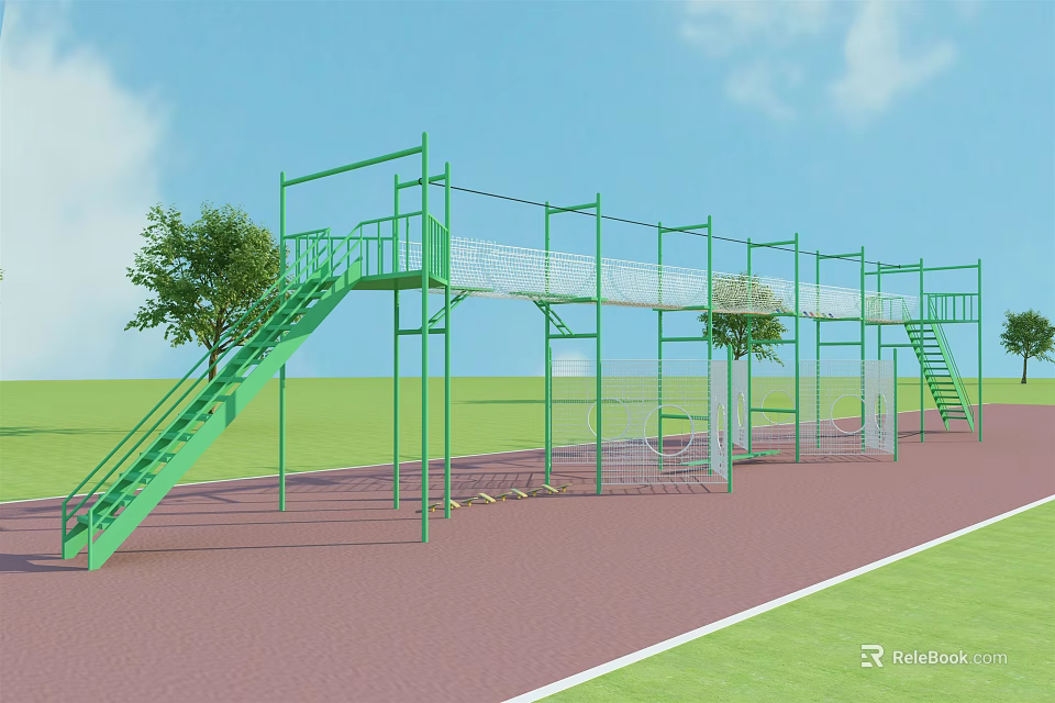 Green Outdoor Sports Training Equipment With Metal Frame Staircase Net Structure In Grass Running Track 3d model 
