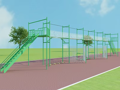 Green Outdoor Sports Training Equipment With Metal Frame Staircase Net Structure In Grass Running Track 3d model