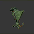 Modern 3D Model Green Gray Harp with Metallic Stand and Red Strings