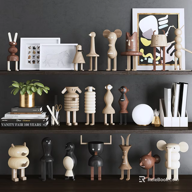 Wooden Animal Shaped Dolls on Shelf Display with Books Plants and Framed Art 3d model 