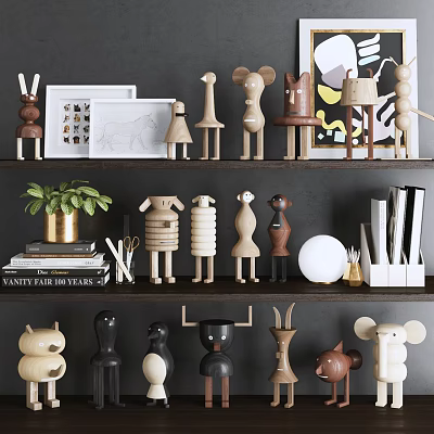 Wooden Animal Shaped Dolls on Shelf Display with Books Plants and Framed Art 3d model