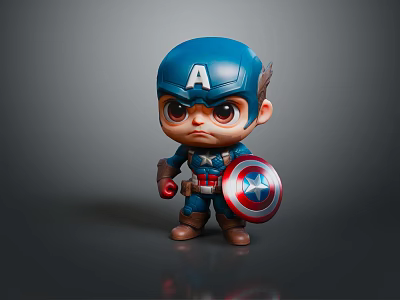 Cute Chibi Captain America Character In Blue Uniform With Red White Blue Star Shield 3d model