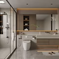 Modern Bathroom Interior With Glass Shower Toilet Vanity Mirror And Ambient Lighting