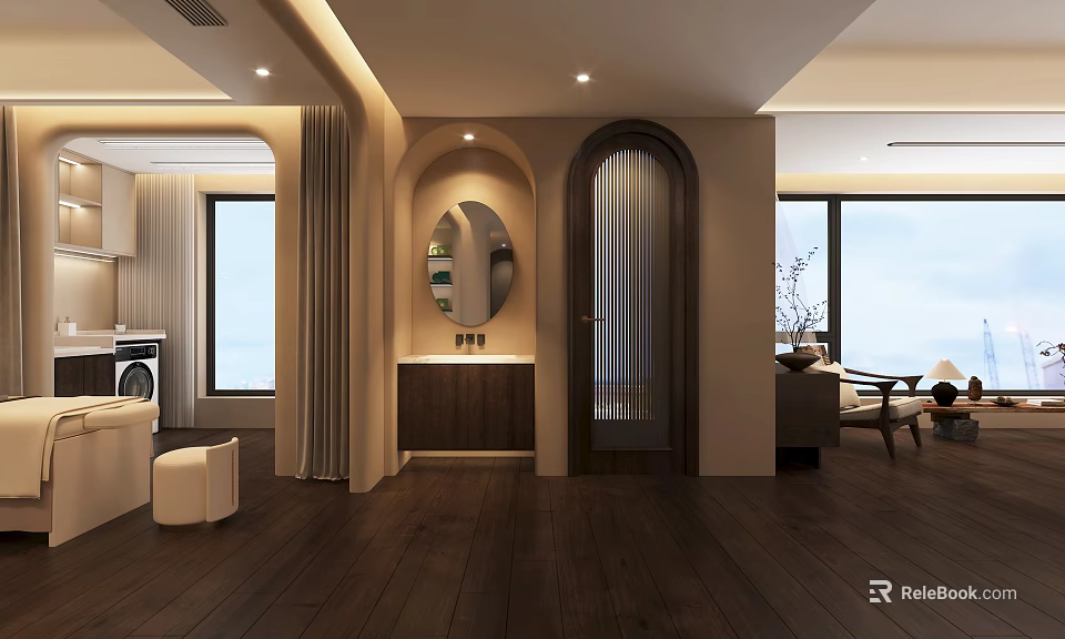 Elegant Modern Clubhouse Interior With Lounge Area Marble Floors And Chandelier 3d model 