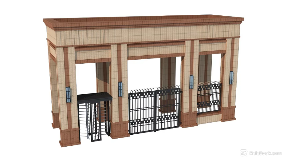 Brick Entrance Gate With Beige Columns Black Wrought Iron Doors And Decorative Design 3d model 