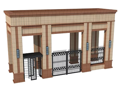 Brick Entrance Gate With Beige Columns Black Wrought Iron Doors And Decorative Design 3d model