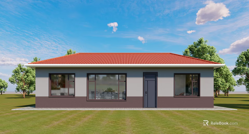 Detached House with Red Roof White Gray Walls Large Windows Green Lawn and Blue Sky 3d model 