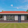 Detached House with Red Roof White Gray Walls Large Windows Green Lawn and Blue Sky