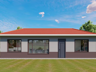 Detached House with Red Roof White Gray Walls Large Windows Green Lawn and Blue Sky 3d model